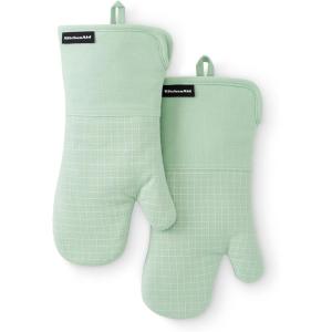 imageKITCHENAID Gourmet Series Gridlines Oven Mitts 2Pack Set Heat Resistant up to 600F Soft Silicone Grip Magnetic Cuff Matte Black 7quotx14quotPistachio Green