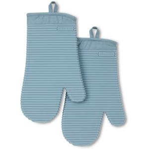 imageKITCHENAID Ribbed Soft Silicone Oven Mitt 2Pack Set 75quotx13quot Butter YellowFog Blue