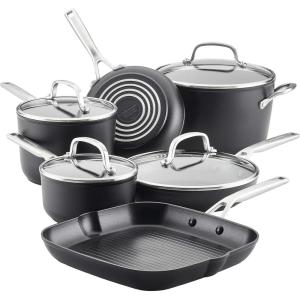 imageKitchenAid Hard Anodized Induction Nonstick Cookware Saute PanJumbo Cooker with Lid and Helper Handle Dishwasher Safe 5 Quart Non Stick Sauteuse with Stainless Steel Handles  Matte BlackCookware Set 10 Piece