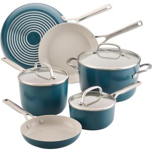 imageKitchenAid Hard Anodized Ceramic Induction Nonstick Pots and Pans Set with Saucepans Frying Pans Stockpot and Lids Dishwasher Safe 9 Piece Cookware Set with Stainless Steel Handles  Agave BlueAgave