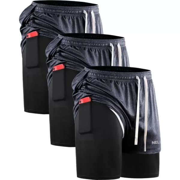 NELEUS Men's 2 in 1 Running Shorts with Liner,Dry Fit Workout Shorts with Pockets,3 Pack)