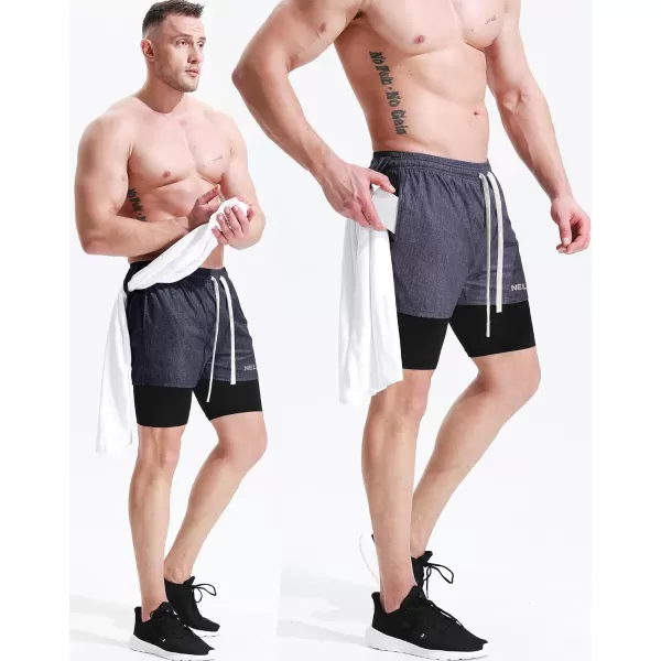 NELEUS Men's 2 in 1 Running Shorts with Liner,Dry Fit Workout Shorts with Pockets,dark Blue,2 Pack)