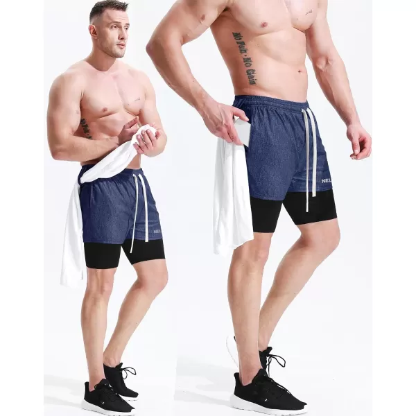 NELEUS Men's 2 in 1 Running Shorts with Liner,Dry Fit Workout Shorts with Pockets,dark Blue,2 Pack)
