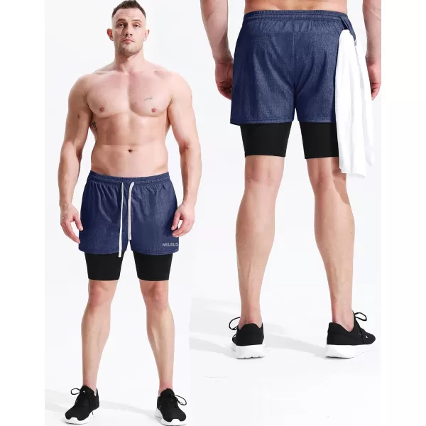 NELEUS Men's 2 in 1 Running Shorts with Liner,Dry Fit Workout Shorts with Pockets,dark Blue,2 Pack)