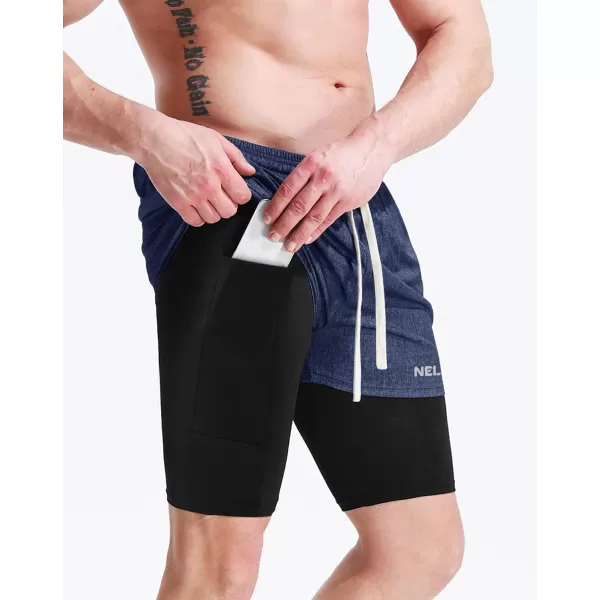 NELEUS Men's 2 in 1 Running Shorts with Liner,Dry Fit Workout Shorts with Pockets,dark Blue,2 Pack)