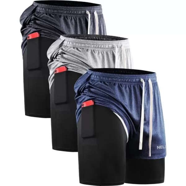 NELEUS Men's 2 in 1 Running Shorts with Liner,Dry Fit Workout Shorts with Pockets,dark Blue,light Grey,3 Pack)