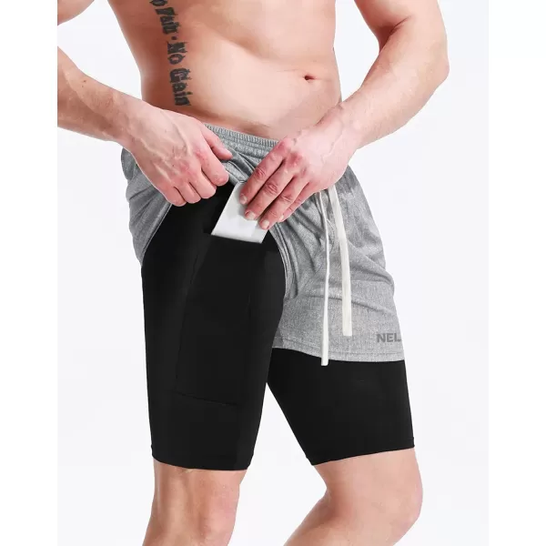 NELEUS Men's 2 in 1 Running Shorts with Liner,Dry Fit Workout Shorts with Pockets,light Grey,2 Pack)