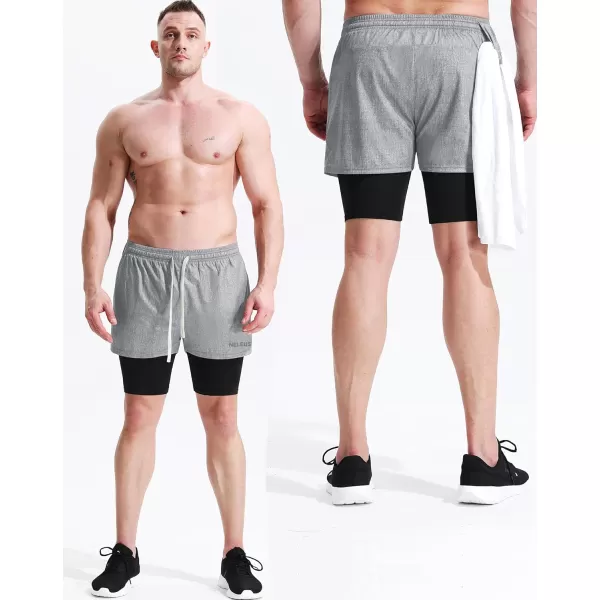 NELEUS Men's 2 in 1 Running Shorts with Liner,Dry Fit Workout Shorts with Pockets,light Grey,light Blue,3 Pack)