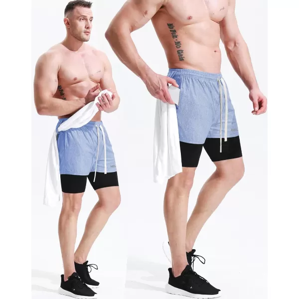 NELEUS Men's 2 in 1 Running Shorts with Liner,Dry Fit Workout Shorts with Pockets,light Grey,light Blue,3 Pack)