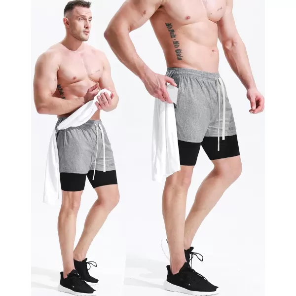 NELEUS Men's 2 in 1 Running Shorts with Liner,Dry Fit Workout Shorts with Pockets,light Grey,light Blue,3 Pack)
