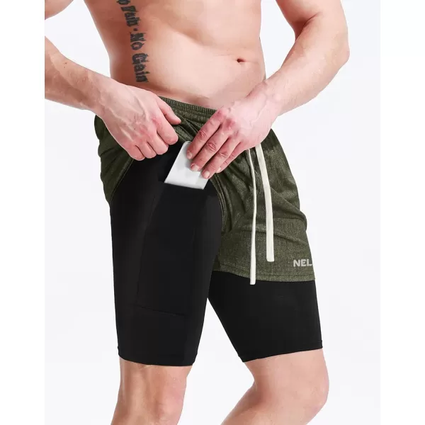 NELEUS Men's 2 in 1 Running Shorts with Liner,Dry Fit Workout Shorts with Pockets,olive Green,2 Pack)