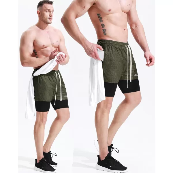 NELEUS Men's 2 in 1 Running Shorts with Liner,Dry Fit Workout Shorts with Pockets,olive Green,2 Pack)