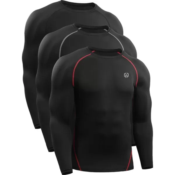 NELEUS Men's 3 Pack Dry Fit Long Sleeve Compression Shirts Workout Running Shirts/Black,3 Pack)