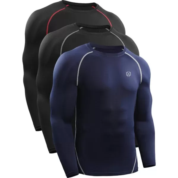 NELEUS Men's 3 Pack Dry Fit Long Sleeve Compression Shirts Workout Running Shirts/Black/Navy Blue,3 Pack)