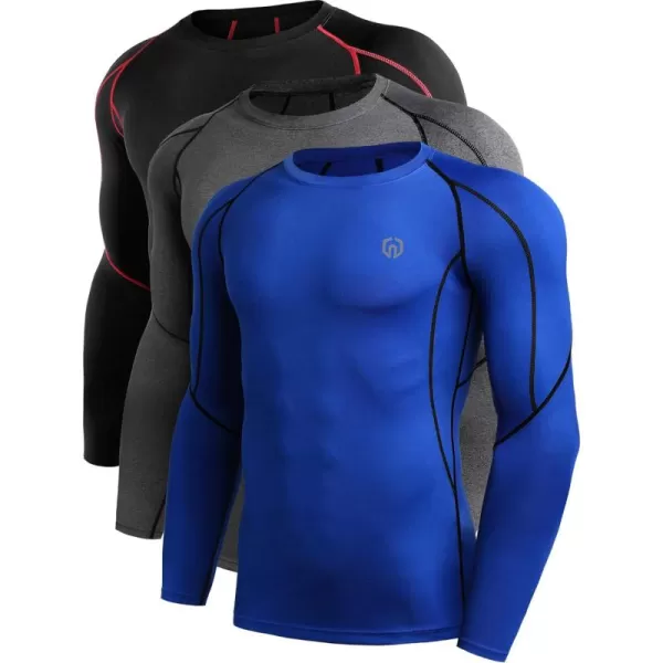 NELEUS Men's 3 Pack Dry Fit Long Sleeve Compression Shirts Workout Running Shirts/Grey/Blue,3 Pack)