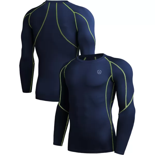 NELEUS Men's 3 Pack Dry Fit Long Sleeve Compression Shirts Workout Running Shirts/Grey/Navy Blue,3 Pack)