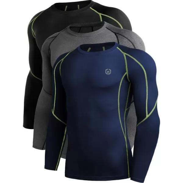 NELEUS Men's 3 Pack Dry Fit Long Sleeve Compression Shirts Workout Running Shirts/Grey/Navy Blue,3 Pack)