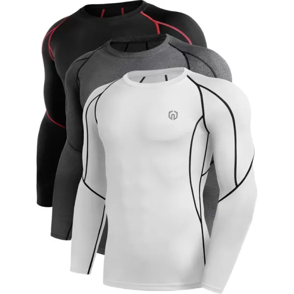 NELEUS Men's 3 Pack Dry Fit Long Sleeve Compression Shirts Workout Running Shirts/Grey/White,3 Pack)