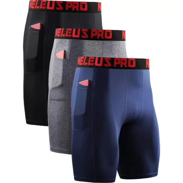 NELEUS Men's 3 Pack Running Compression Shorts with Pockets