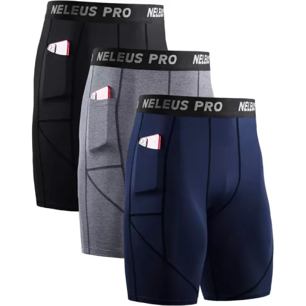 NELEUS Men's 3 Pack Running Compression Shorts with Pockets
