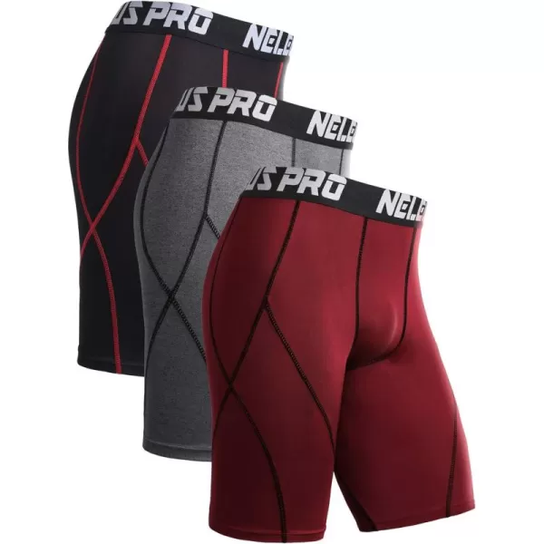 NELEUS Men's Compression Shorts Pack of 3/Grey/Red,3 Pack)