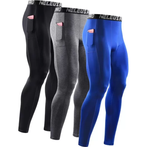 NELEUS Men's Dry Fit Compression Baselayer Pants Running Tights Leggings with Phone Pocket