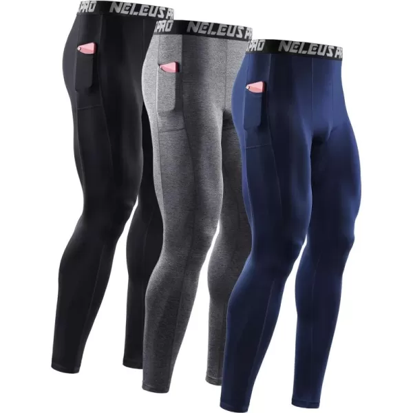 NELEUS Men's Dry Fit Compression Baselayer Pants Running Tights Leggings with Phone Pocket
