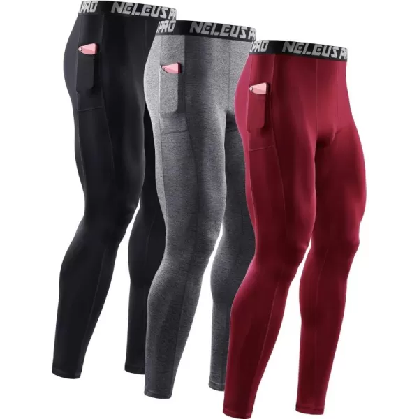 NELEUS Men's Dry Fit Compression Baselayer Pants Running Tights Leggings with Phone Pocket