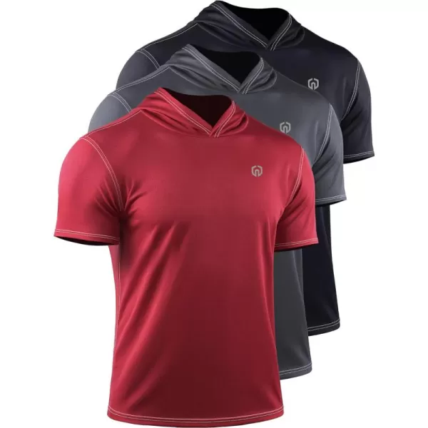 NELEUS Men's Running Shirt 3 Pack Dry Fit Mesh Athletic Workout Shirts with Hoods