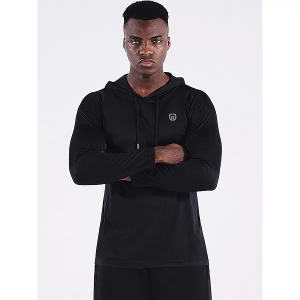 NELEUS Men's Running Shirt Long Sleeve Workout Shirts with Hoods Black/Black,2 Pack)