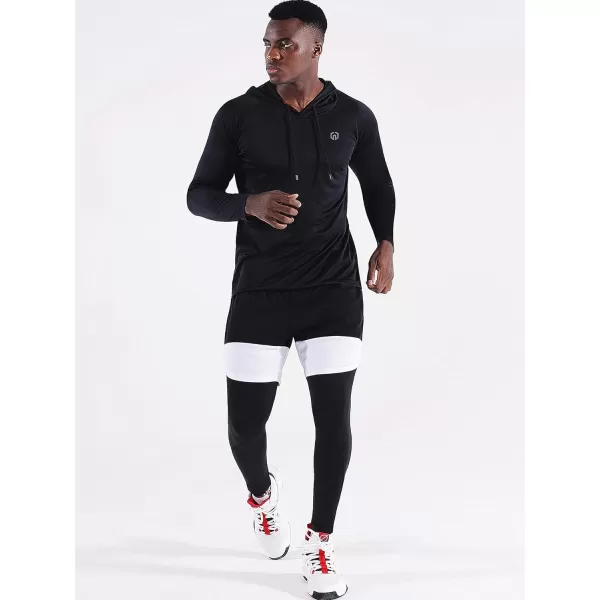NELEUS Men's Running Shirt Long Sleeve Workout Shirts with Hoods Black/Grey,2 Pack)