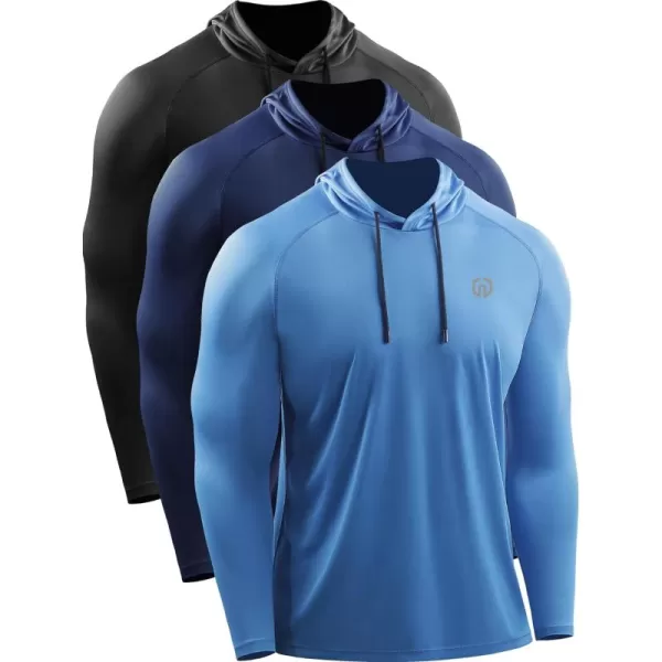 NELEUS Men's Running Shirt Long Sleeve Workout Shirts with Hoods Black/Navy/Light Blue,3 Pack)