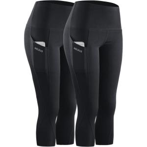 imageNELEUS Womens Tummy Control High Waist Capri Running Leggings Yoga Pants with Pocket9027 BlackBlack 2 Pack