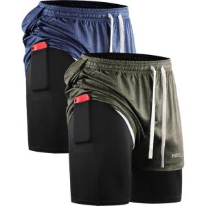 imageNELEUS Mens Lightweight Workout Athletic Shorts with Pockets6071 Olive Green dark Blue 2 Pack