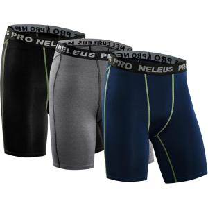 imageNELEUS 3 or 6 Pack Compression Shorts for Men Spandex Sport Shorts Running Athletic Workout Performance Baselayer Underwear047 3 Pack Black grey navy Blue