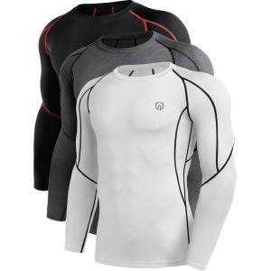 imageNELEUS Mens 3 Pack Dry Fit Long Sleeve Compression Shirts Workout Running Shirts5030 Black Red StripeGreyWhite 3 Pack