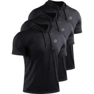 imageNELEUS Mens Dry Fit Performance Athletic Shirt with Hoods5112 BlackBlackBlack 3 Pack