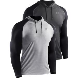 imageNELEUS Mens Running Shirt Long Sleeve Workout Shirts with Hoods5102 2 Pack dark GreyLight Grey