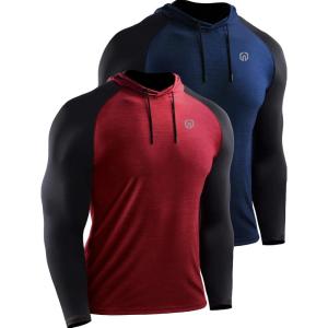 imageNELEUS Mens Running Shirt Long Sleeve Workout Shirts with Hoods5102 2 Pack redNavy Blue