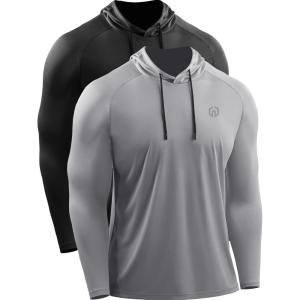 imageNELEUS Mens Running Shirt Long Sleeve Workout Shirts with HoodsUpf 50 BlackGrey 2 Pack