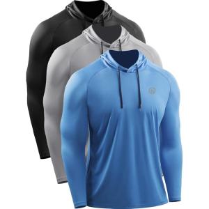 imageNELEUS Mens Running Shirt Long Sleeve Workout Shirts with HoodsUpf 50 BlackGreyLight Blue 3 Pack
