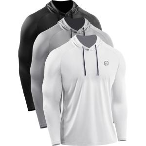 imageNELEUS Mens Running Shirt Long Sleeve Workout Shirts with HoodsUpf 50 BlackGreyWhite 3 Pack