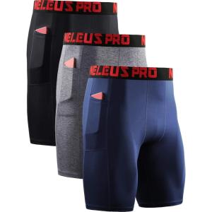 imageNELEUS Mens 3 Pack Running Compression Shorts with Pockets6064 BlackGreyNavy Blue 3 Pack