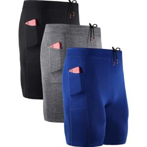 imageNELEUS Mens 3 Pack Running Compression Shorts with Pockets6072 BlackGreyBlue 3 Pack