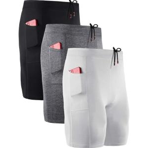 imageNELEUS Mens 3 Pack Running Compression Shorts with Pockets6072 BlackGreyWhite 3 Pack