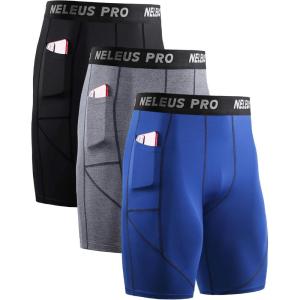 imageNELEUS Mens 3 Pack Running Compression Shorts with Pockets6082 BlackGreyBlue 3 Pack