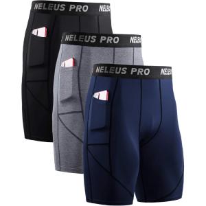 imageNELEUS Mens 3 Pack Running Compression Shorts with Pockets6082 BlackGreyNavy Blue 3 Pack