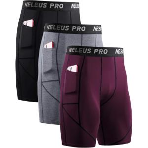 imageNELEUS Mens 3 Pack Running Compression Shorts with Pockets6082 BlackGreyRed 3 Pack