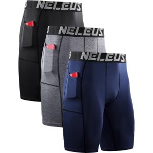 imageNELEUS Mens 3 Pack Running Compression Shorts with Pockets6087 BlackGreyNavy 3 Pack