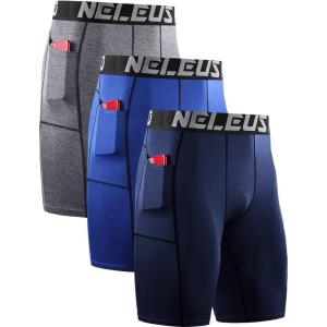 imageNELEUS Mens 3 Pack Running Compression Shorts with Pockets6087 GreyBlueNavy 3 Pack